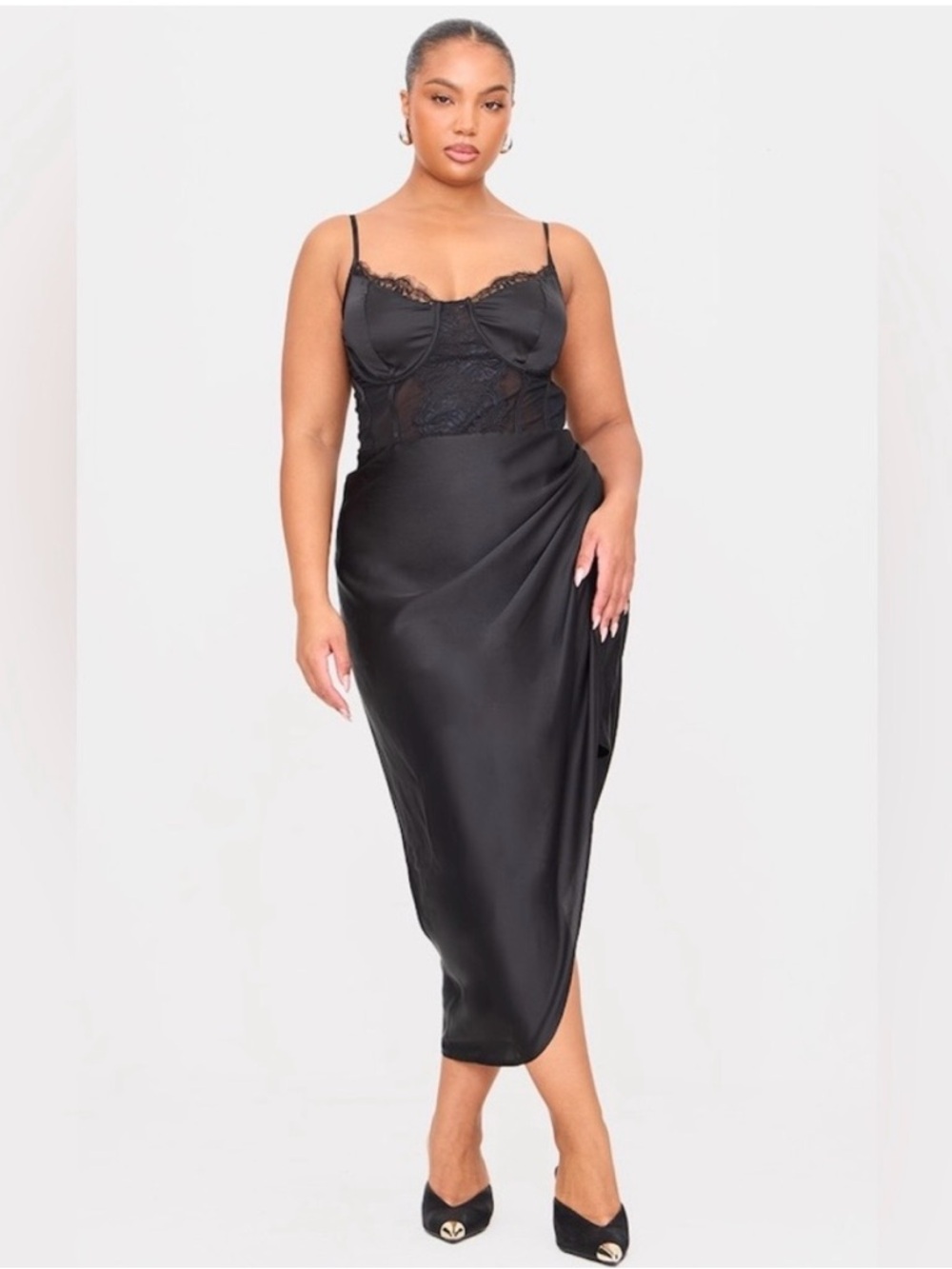 PrettyLittleThing NEW Corset Black Lace-Trim Slip Midi Dress plus size 22